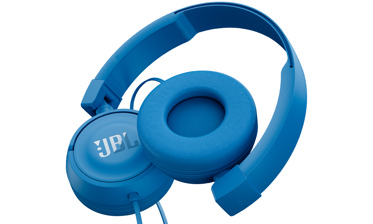 Składana konstrukcja słuchawek JBL T450 niebieskich