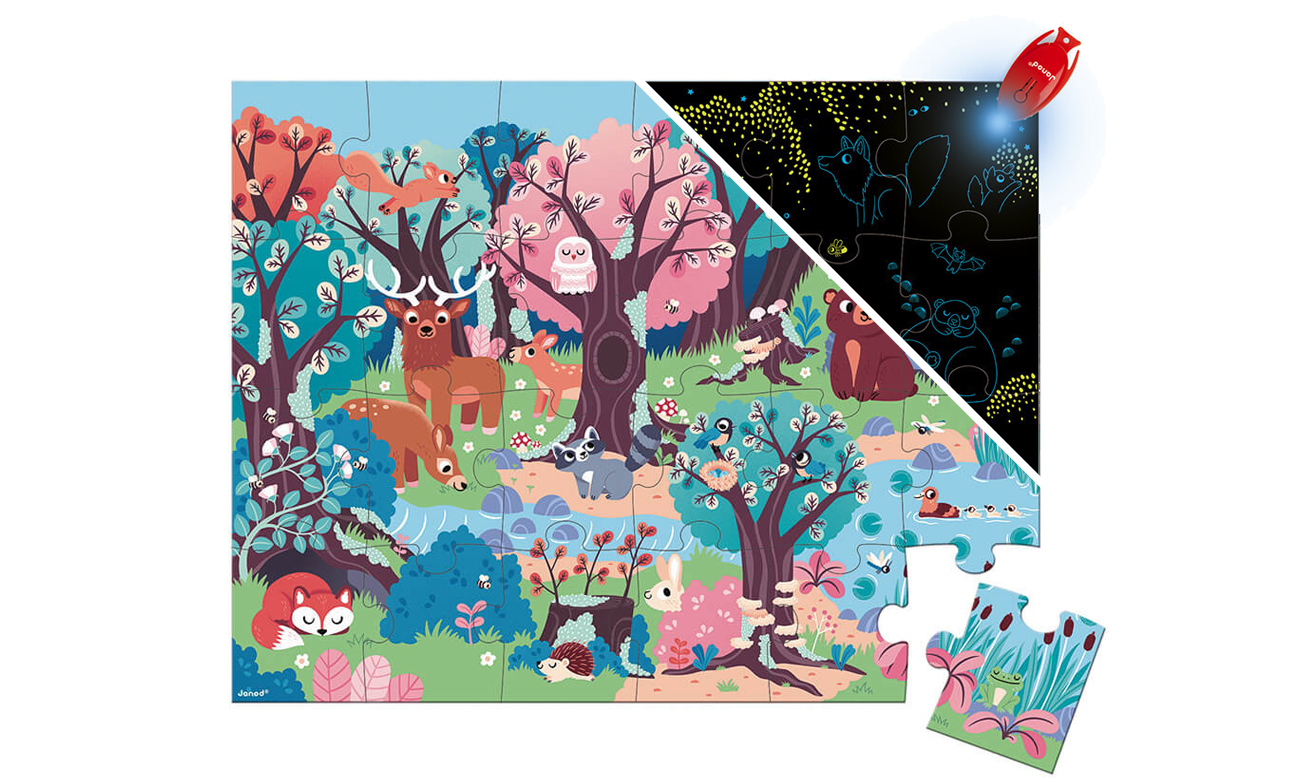 Świecące puzzle z mini-lampką UV Las 24 elementów Janod