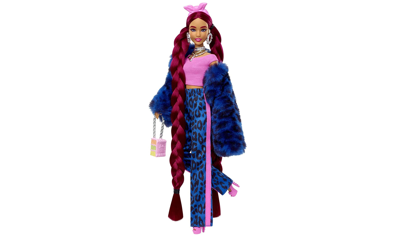 Mattel Barbie Extra Lalka Bordowe włosy kurtka w panterkę